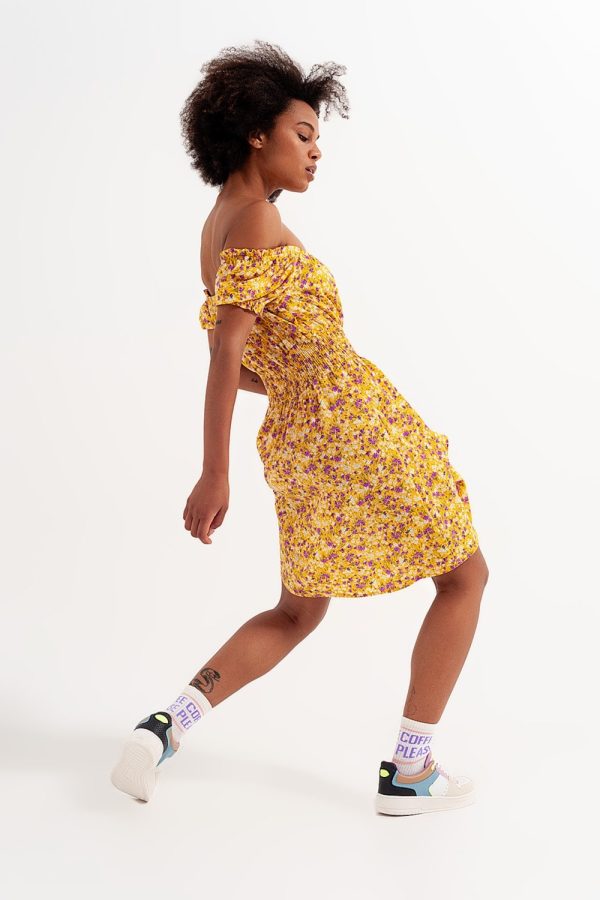Mini Dress with Shirred Detail in Yellow Ditsy Floral Print Hot on Sale - Image 5